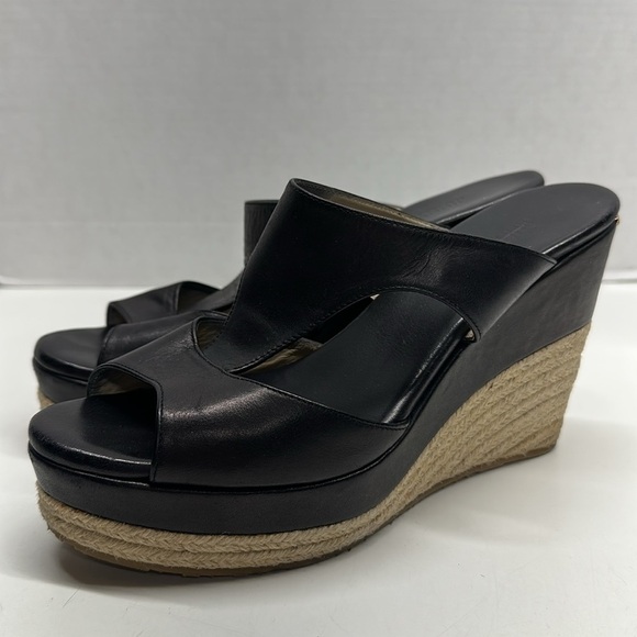 Jimmy Choo Pledge Espadrille Wedges Open Toe Shoes Leather Black Size 40 US 10 - Picture 1 of 13